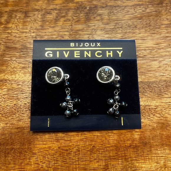 Vintage Bijoux Givenchy Silver Tone Stone Dangle Clip on Earrings - Picture 2 of 3